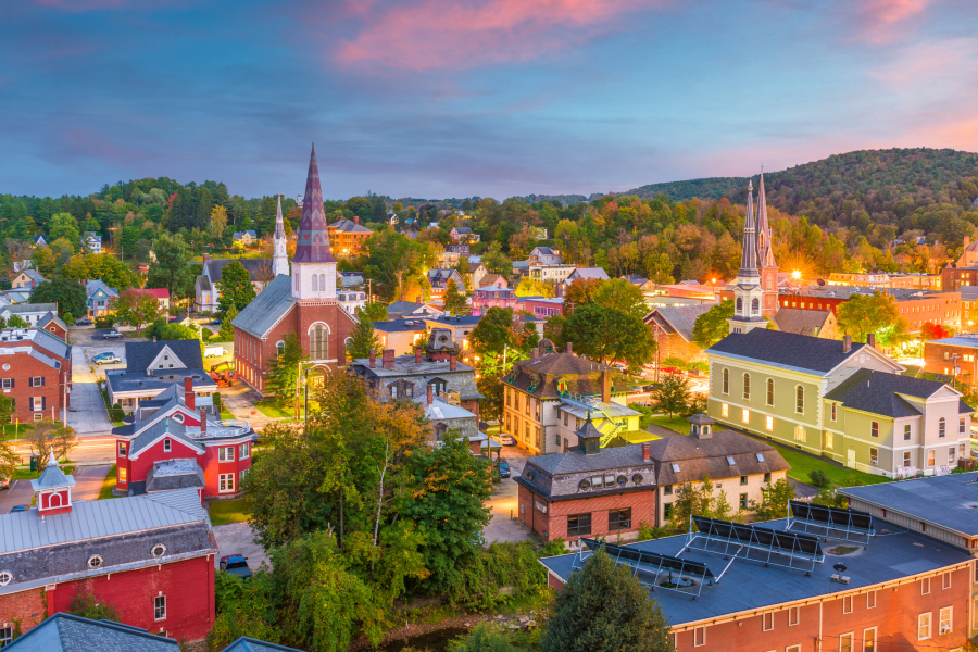 A view of the town from above at dusk.